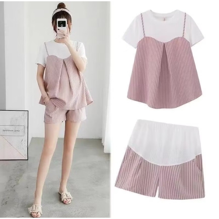 孕婦裝 條紋兩件套裝 托腹褲短袖寬松孕婦T恤上衣潮  夏季套裝 時尚孕婦套裝-細節圖3