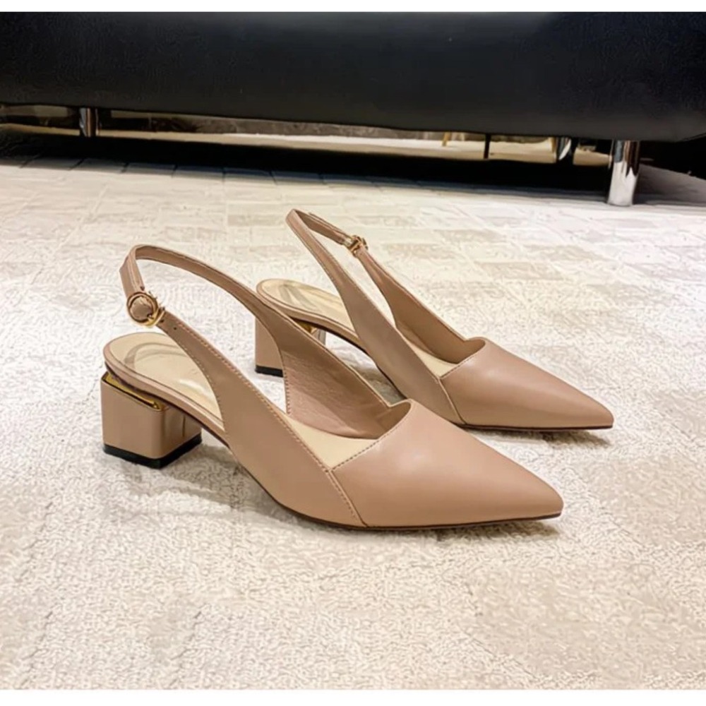 一字帶真皮中跟包頭凉鞋 尖頭時尚粗跟高跟鞋👠-細節圖3