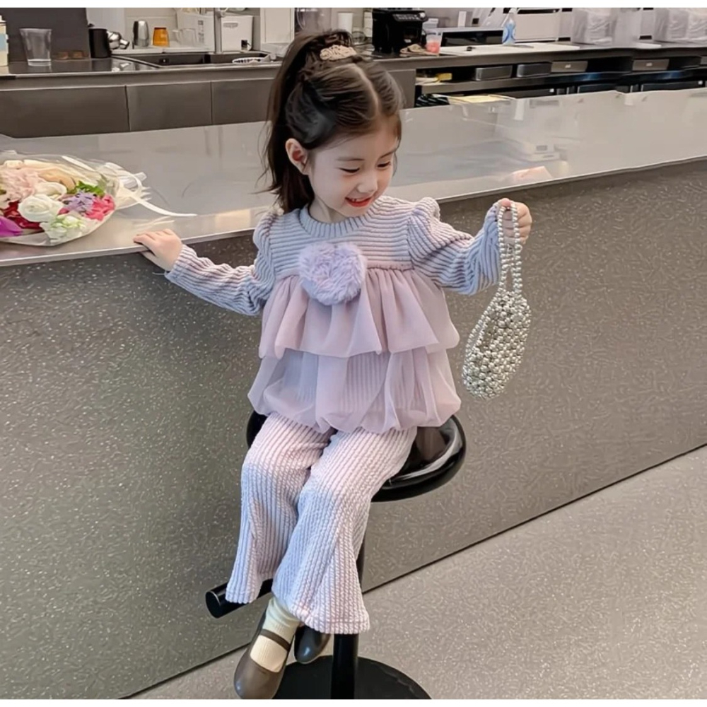 女童長袖喇叭褲套裝 兒童時髦甜美兩件套洋氣寶寶-細節圖3