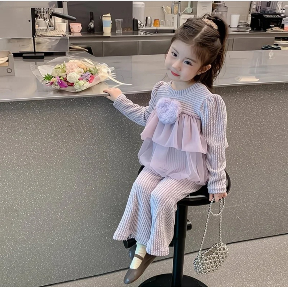 女童長袖喇叭褲套裝 兒童時髦甜美兩件套洋氣寶寶-細節圖4