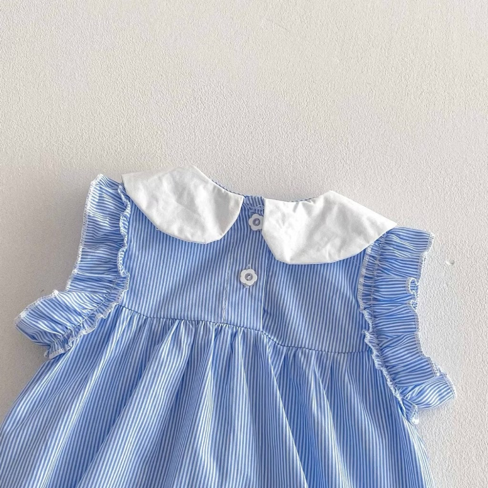 女寶寶夏季純棉清新無袖藍白荷葉甜美條紋包屁衣-細節圖2