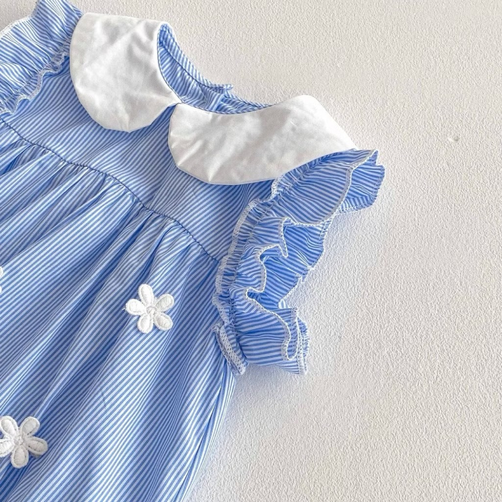 女寶寶夏季純棉清新無袖藍白荷葉甜美條紋包屁衣-細節圖4
