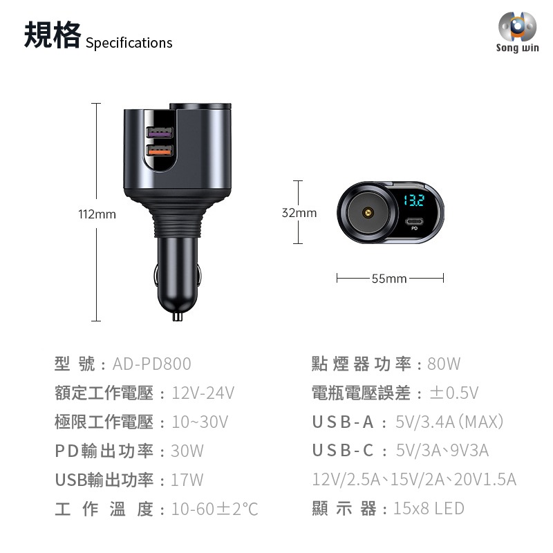 Songwin AD-PD800 127W萬向車用充電器 PD快充 數顯 LED電壓智能顯示 車載電源供應器-細節圖7