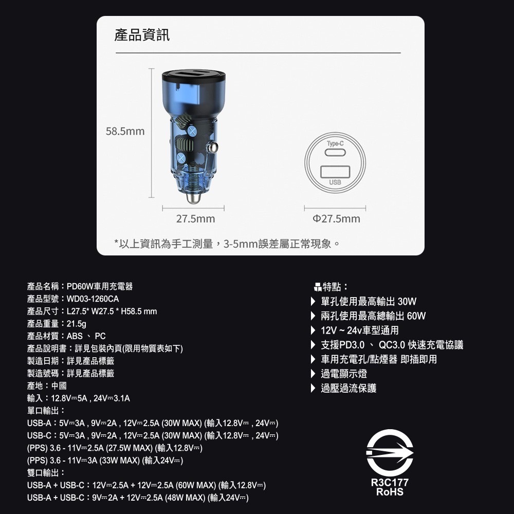 KooPin 60W極速雙孔車用充電器PD＋QC 迷你車用充電器 汽車車充 Type-C+USB-A 車充-細節圖11