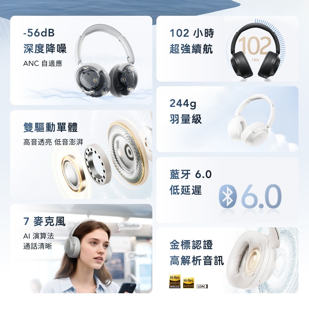 QCY H3 S 降噪藍牙耳罩式耳機｜56dB深度降噪・Hi-Res音質 降噪耳機 藍牙耳機 無線耳機-現貨1年保固-細節圖2