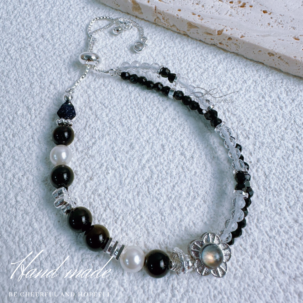DS The Lovers 設計款『星夜守護』水晶手鍊 守護之石 灰月光石 金曜石 藍砂石 黑尖晶 白水晶-細節圖3