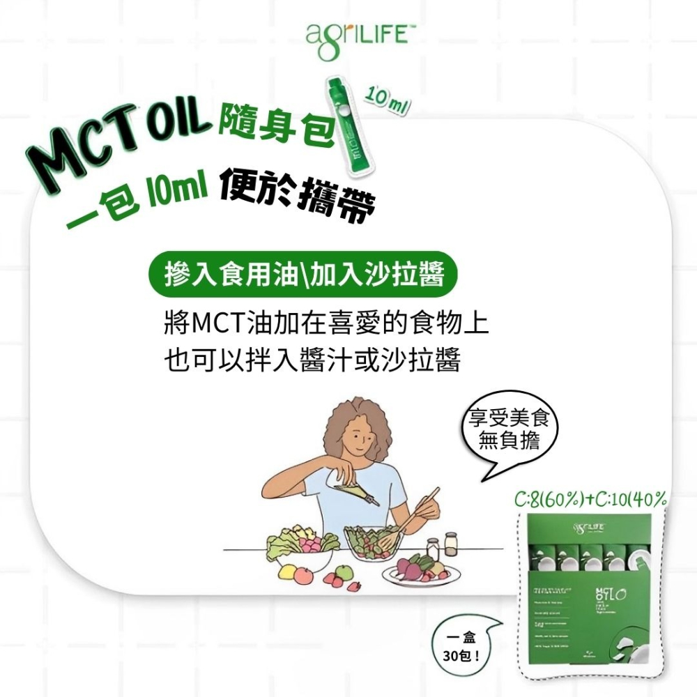 AgriLIFE中鏈MCT油隨手包10ml*30入(100%精煉自椰子油)生酮飲食/防彈咖啡-細節圖7