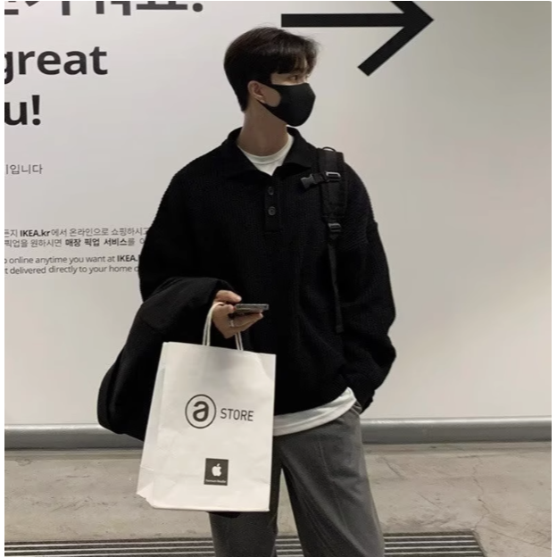 【YT Style】韓國 秋冬季 POLO領 針織 寬鬆 毛衣 長袖 落肩 穿搭 上衣 男生針織衫-規格圖6