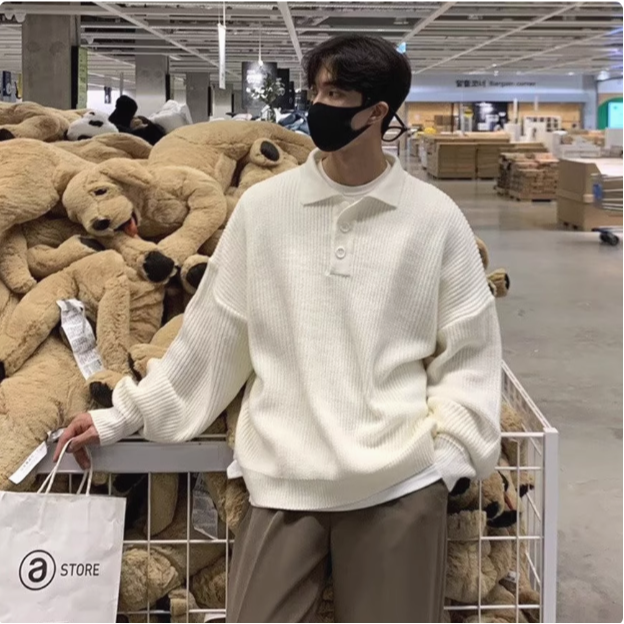 【YT Style】韓國 秋冬季 POLO領 針織 寬鬆 毛衣 長袖 落肩 穿搭 上衣 男生針織衫-規格圖6