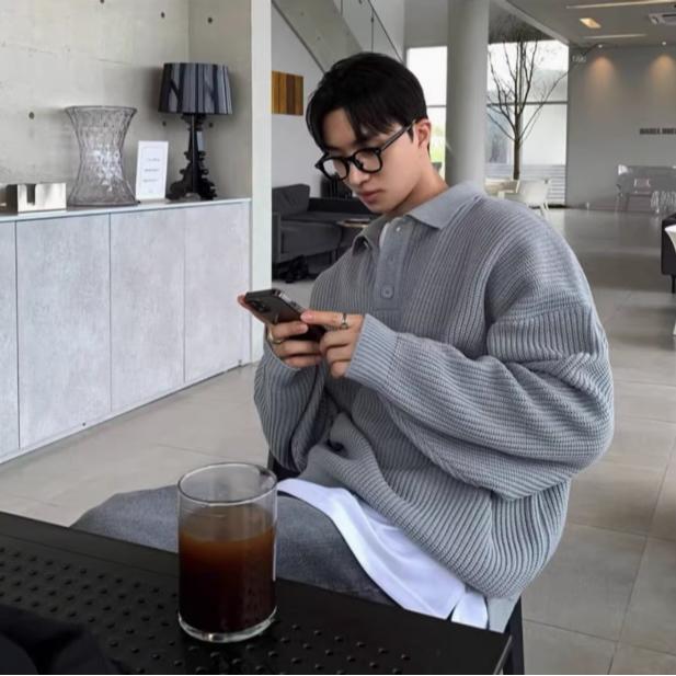 【YT Style】韓國 秋冬季 POLO領 針織 寬鬆 毛衣 長袖 落肩 穿搭 上衣 男生針織衫-規格圖6