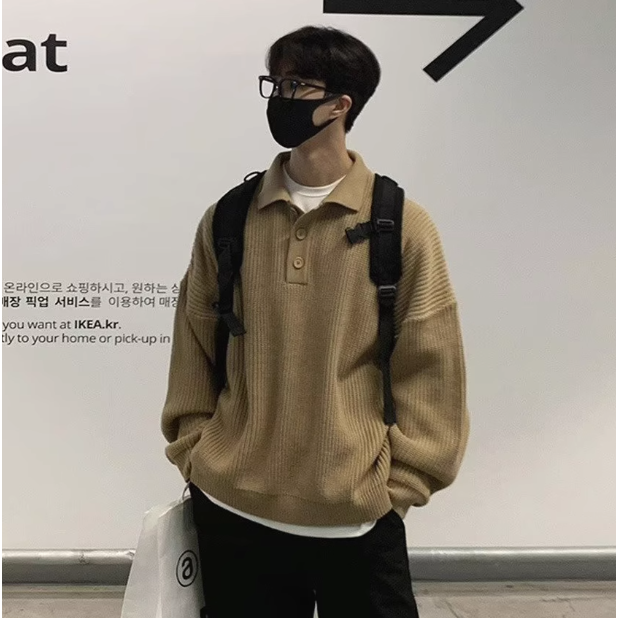 【YT Style】韓國 秋冬季 POLO領 針織 寬鬆 毛衣 長袖 落肩 穿搭 上衣 男生針織衫-規格圖6