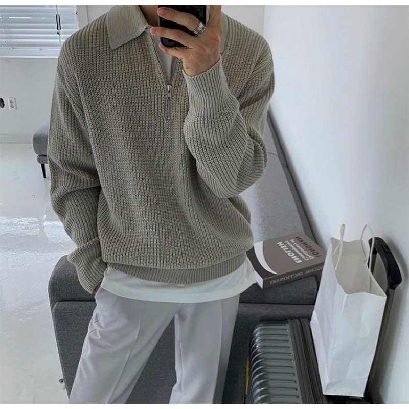 【YT SHOP】韓國 翻領 針織 POLO衫 半拉鍊 寬鬆 韓版 慵懶風 穿搭 長袖 秋冬-細節圖2