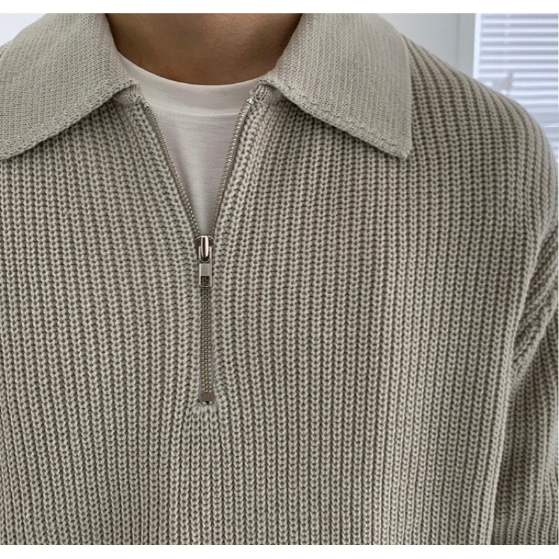 【YT SHOP】韓國 翻領 針織 POLO衫 半拉鍊 寬鬆 韓版 慵懶風 穿搭 長袖 秋冬-細節圖3