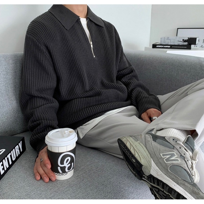 【YT SHOP】韓國 翻領 針織 POLO衫 半拉鍊 寬鬆 韓版 慵懶風 穿搭 長袖 秋冬-細節圖6