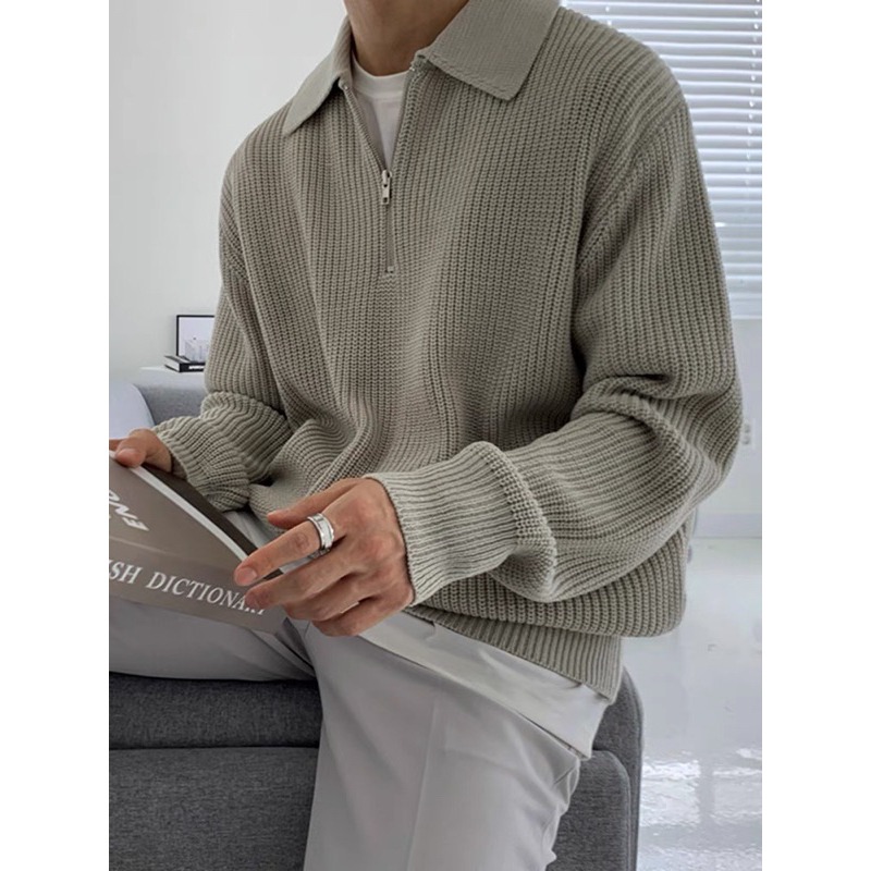 【YT SHOP】韓國 翻領 針織 POLO衫 半拉鍊 寬鬆 韓版 慵懶風 穿搭 長袖 秋冬-規格圖7