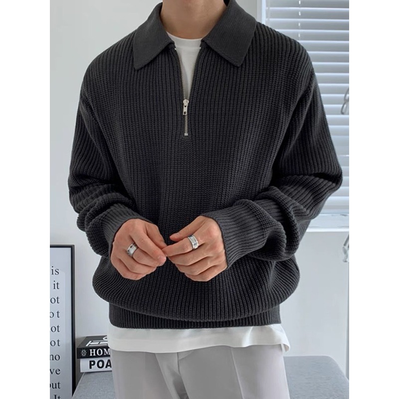 【YT SHOP】韓國 翻領 針織 POLO衫 半拉鍊 寬鬆 韓版 慵懶風 穿搭 長袖 秋冬-規格圖7