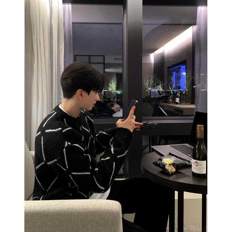 【YT SHOP】韓國 男款 海馬毛保暖針織上衣 黑白紋慵懶寬鬆針織毛衣 長袖 穿搭 寬鬆-細節圖2