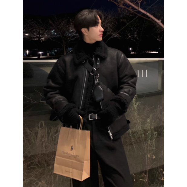 【YT SHOP】韓國 麂皮立領羊羔毛外套 兩色 夾克外套 立挺 穿搭 秋冬 寬鬆 長袖 大衣-細節圖3