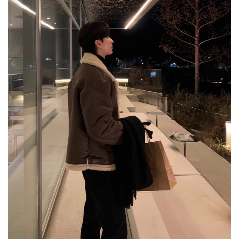 【YT SHOP】韓國 麂皮立領羊羔毛外套 兩色 夾克外套 立挺 穿搭 秋冬 寬鬆 長袖 大衣-細節圖7