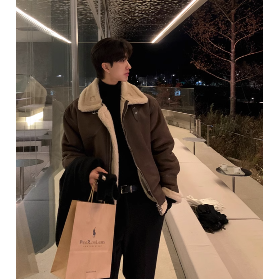 【YT SHOP】韓國 麂皮立領羊羔毛外套 兩色 夾克外套 立挺 穿搭 秋冬 寬鬆 長袖 大衣-細節圖6