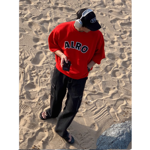 【YT SHOP】韓國 袋鼠T 印花字母刺繡 短T 上衣 寬鬆 穿搭 休閒 質感 落肩 美式 韓系 百搭-細節圖4