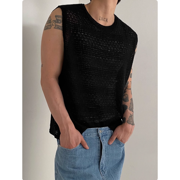 【YT SHOP】韓國 簍空針織無袖背心 短寬版型 無袖 針織 男女不拘-細節圖3