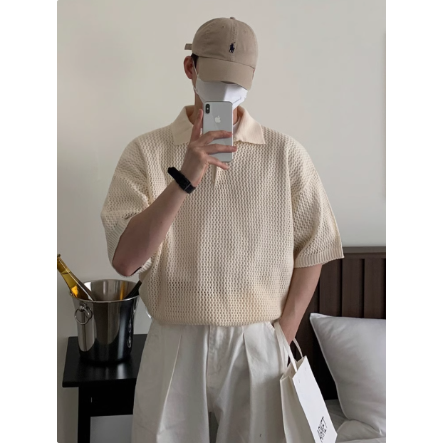 【YT SHOP】韓國 POLO衫 簍空 洞洞 短袖 針織 衣服 上衣 寬鬆 重磅 落肩 舒適 穿搭 男女 百搭 休閒-細節圖2