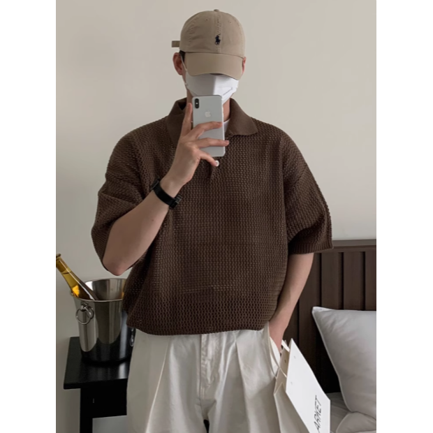 【YT SHOP】韓國 POLO衫 簍空 洞洞 短袖 針織 衣服 上衣 寬鬆 重磅 落肩 舒適 穿搭 男女 百搭 休閒-細節圖3