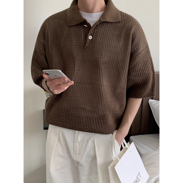 【YT SHOP】韓國 POLO衫 簍空 洞洞 短袖 針織 衣服 上衣 寬鬆 重磅 落肩 舒適 穿搭 男女 百搭 休閒-細節圖4