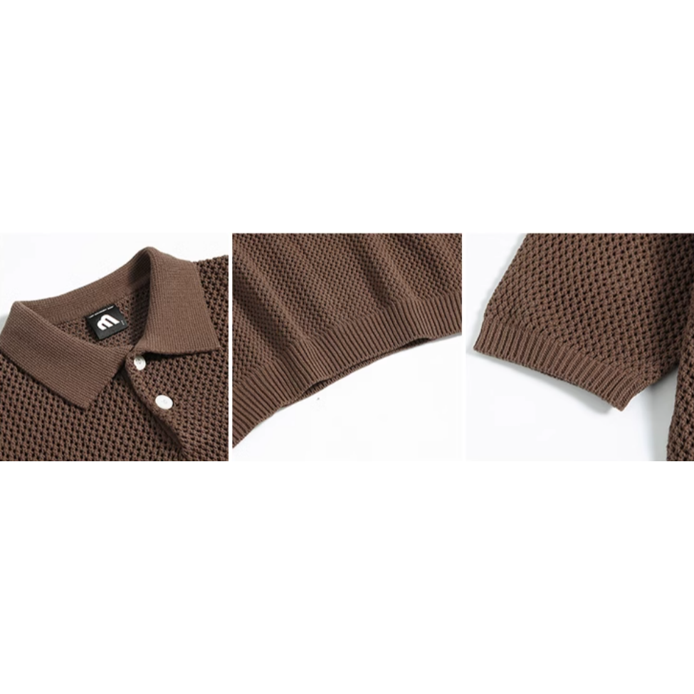 【YT SHOP】韓國 POLO衫 簍空 洞洞 短袖 針織 衣服 上衣 寬鬆 重磅 落肩 舒適 穿搭 男女 百搭 休閒-細節圖5