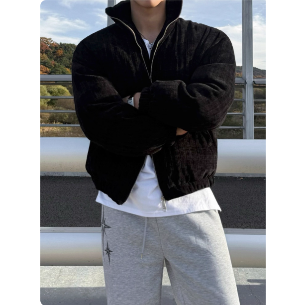 【YT SHOP】韓系高級感立領雙拉鍊夾克 男冬季寬鬆保暖棉衣外套通勤穿搭-細節圖4