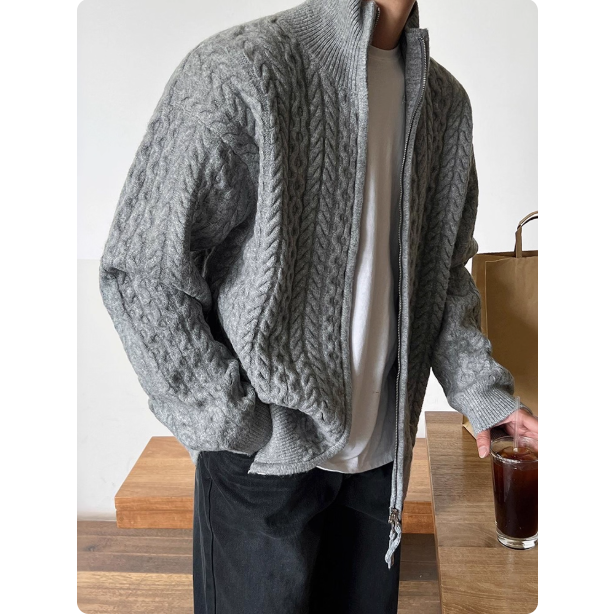 【YT SHOP】韓國設計 雙拉鍊麻花針織外套 半高領 毛衣 外套 韓系 穿搭-細節圖2