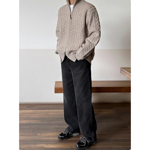 【YT SHOP】韓國設計 雙拉鍊麻花針織外套 半高領 毛衣 外套 韓系 穿搭-細節圖3