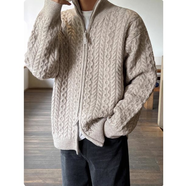 【YT SHOP】韓國設計 雙拉鍊麻花針織外套 半高領 毛衣 外套 韓系 穿搭-規格圖4