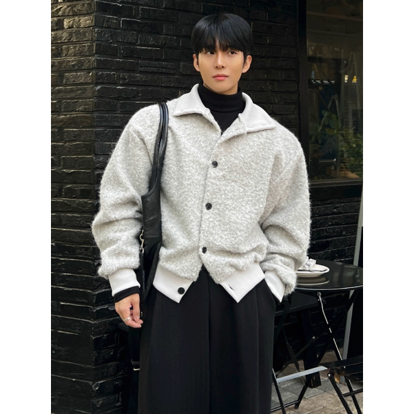 【YT SHOP】韓國馬海毛翻領短版外套 男冬季 寬鬆 加厚外套 韓系 襯衫外套 穿搭-規格圖4