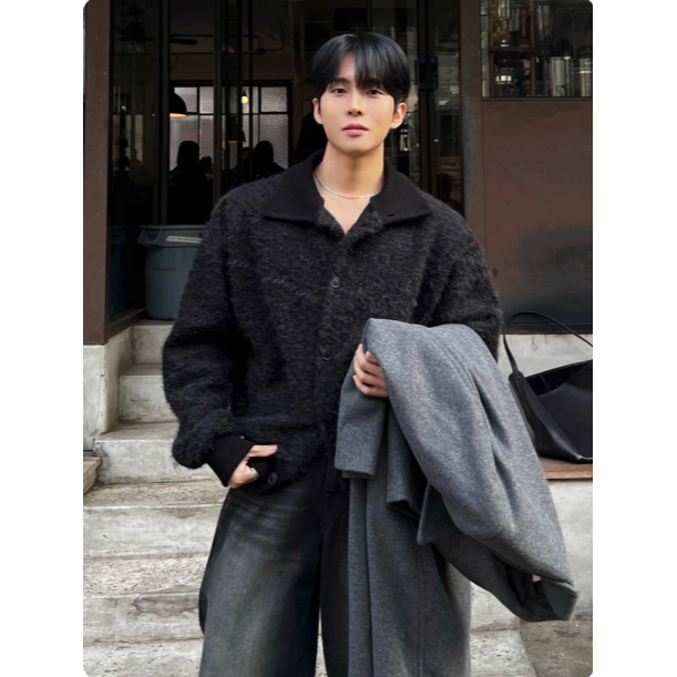 【YT SHOP】韓國馬海毛翻領短版外套 男冬季 寬鬆 加厚外套 韓系 襯衫外套 穿搭-規格圖4