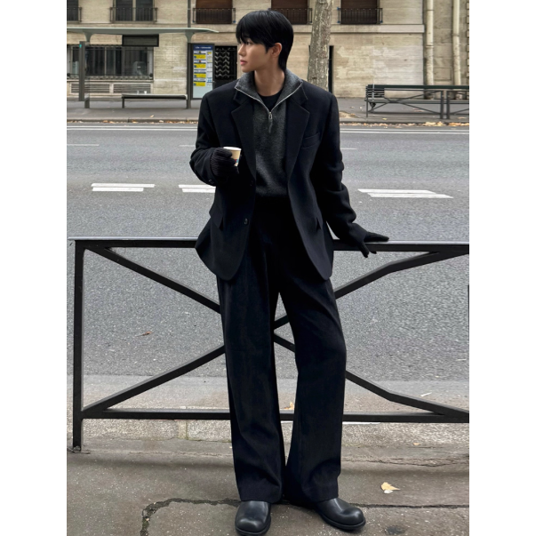 【YT SHOP】韓國 老錢風 休閒直筒西裝褲 男冬季寬鬆加厚長褲子韓系 闊腿褲-細節圖4