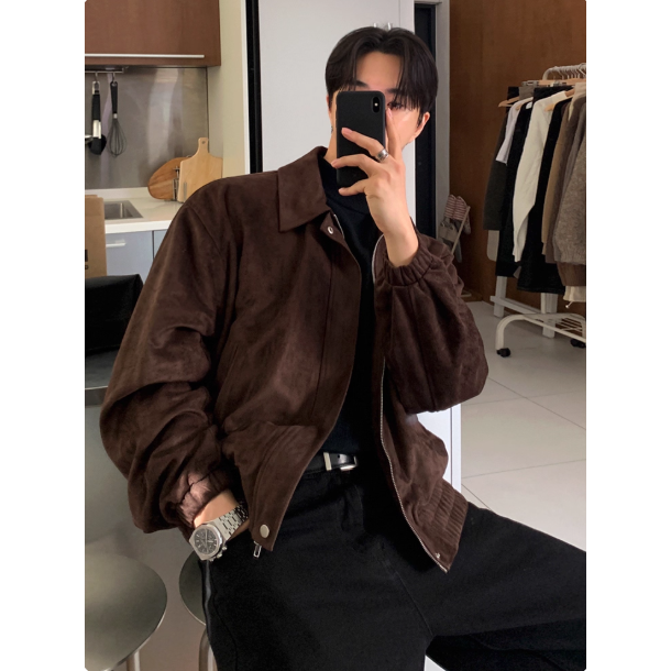 【YT SHOP】韓國｜🇰🇷｜男款｜仿麂皮絨翻領短版夾克 外套 男士 冬季寬鬆加厚外套 韓系 穿搭-規格圖4