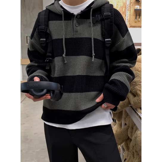 【YT SHOP】韓國｜🇰🇷｜男款｜條紋毛衣男秋季韓系寬鬆潮流慵懶風復古連帽套頭針織衫外套-細節圖3