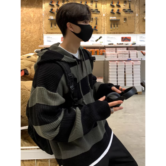 【YT SHOP】韓國｜🇰🇷｜男款｜條紋毛衣男秋季韓系寬鬆潮流慵懶風復古連帽套頭針織衫外套-細節圖4