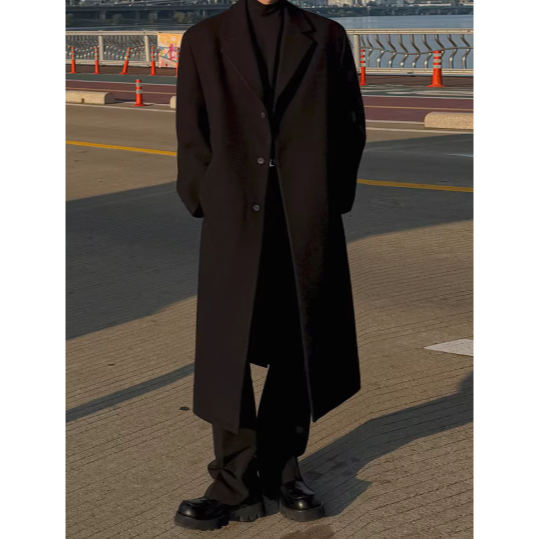 【YT SHOP】韓國｜🇰🇷｜男款｜輕熟風大衣 黑色大衣 秋冬 單排鈕扣 長版大衣 西裝大衣-細節圖2