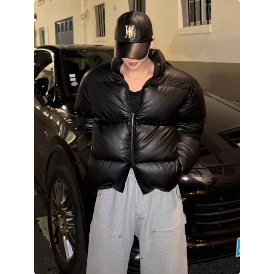 【YT SHOP】韓國｜🇰🇷｜短版羽絨外套｜高級感立領短PU皮棉衣男士冬季保暖防風棉服韓系通勤穿搭 黑白兩色-細節圖2