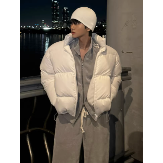 【YT SHOP】韓國｜🇰🇷｜短版羽絨外套｜高級感立領短PU皮棉衣男士冬季保暖防風棉服韓系通勤穿搭 黑白兩色-細節圖3