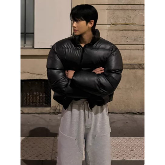 【YT SHOP】韓國｜🇰🇷｜短版羽絨外套｜高級感立領短PU皮棉衣男士冬季保暖防風棉服韓系通勤穿搭 黑白兩色-細節圖4