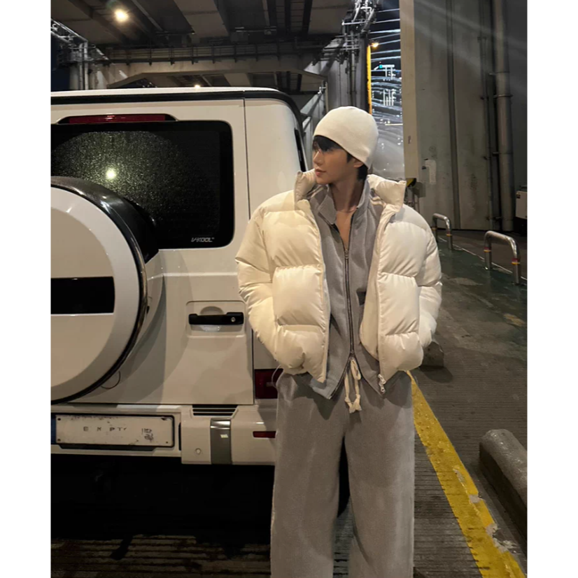 【YT SHOP】韓國｜🇰🇷｜短版羽絨外套｜高級感立領短PU皮棉衣男士冬季保暖防風棉服韓系通勤穿搭 黑白兩色-細節圖6