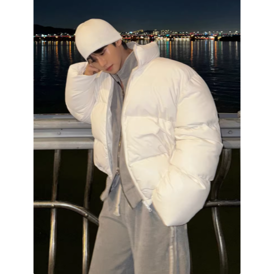 【YT SHOP】韓國｜🇰🇷｜短版羽絨外套｜高級感立領短PU皮棉衣男士冬季保暖防風棉服韓系通勤穿搭 黑白兩色-規格圖8