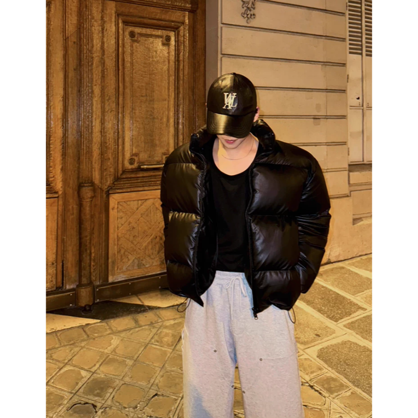 【YT SHOP】韓國｜🇰🇷｜短版羽絨外套｜高級感立領短PU皮棉衣男士冬季保暖防風棉服韓系通勤穿搭 黑白兩色-規格圖8
