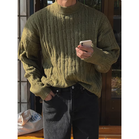 【YT SHOP】韓國｜🇰🇷｜麻花紋理 半高領 毛衣男 秋冬加厚保暖寬鬆針織衫韓系復古穿搭 針織毛衣-細節圖3