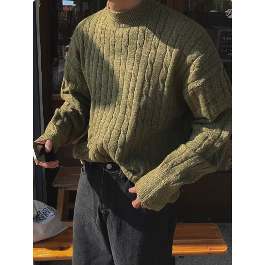 【YT SHOP】韓國｜🇰🇷｜麻花紋理 半高領 毛衣男 秋冬加厚保暖寬鬆針織衫韓系復古穿搭 針織毛衣-細節圖4