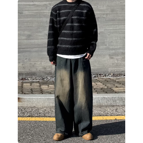 【YT SHOP】韓國｜🇰🇷｜黑白條紋毛衣｜老錢風條紋圓領毛衣男冬季保暖寬鬆針織衫韓系日常通勤穿搭-細節圖2